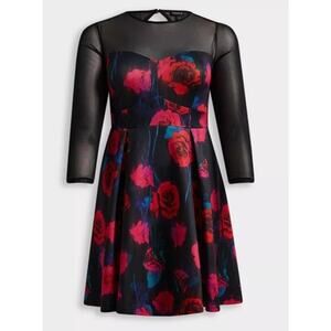 Torrid Black Floral Scuba Dress Size 3X Plus Lace Up Stretch Bodice Multicolor